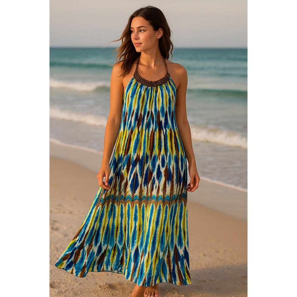 Alona Rose Boho‎ Maxi Dress Medium Ikat Print Beaded Halter Festival Beachwear